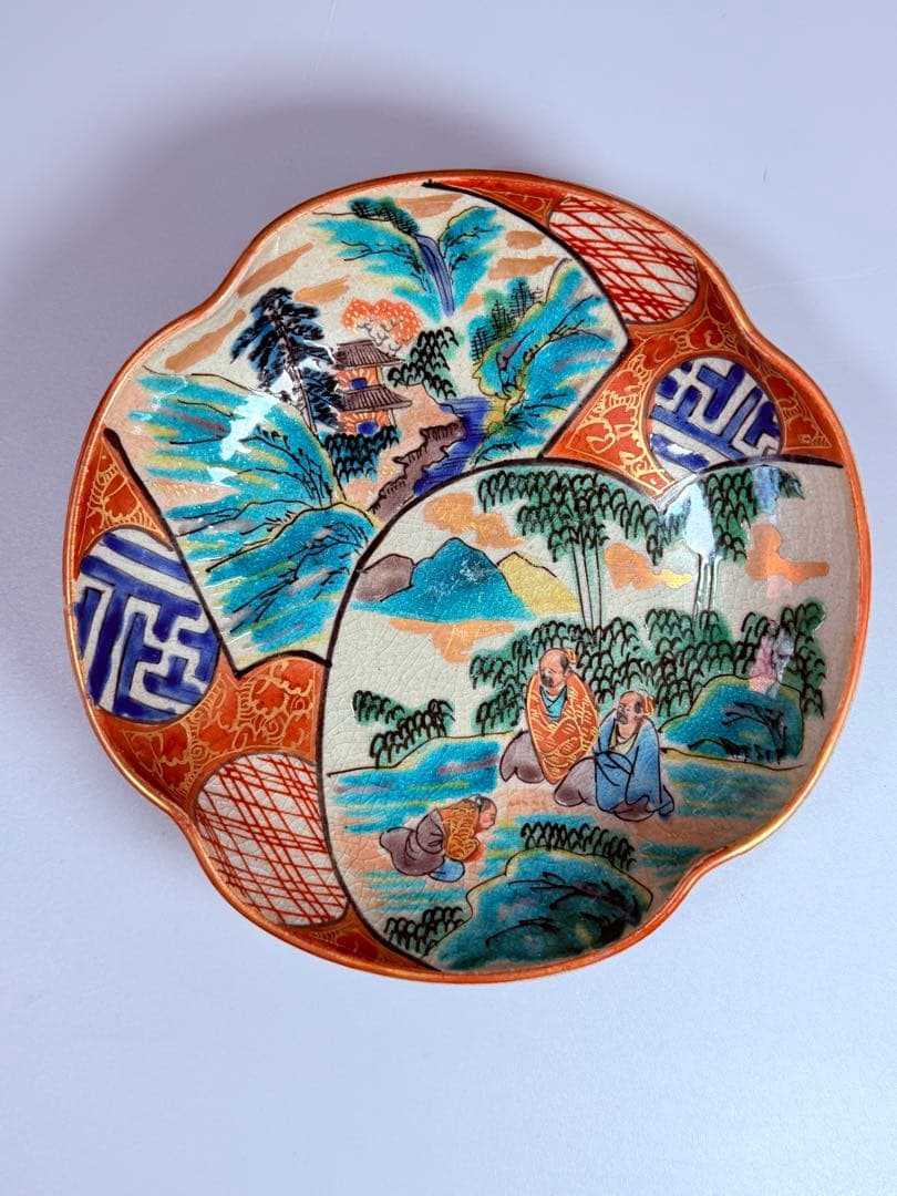 九谷焼 九谷庄三作 色絵風景図変形皿 五客 竹林賢人 窓絵