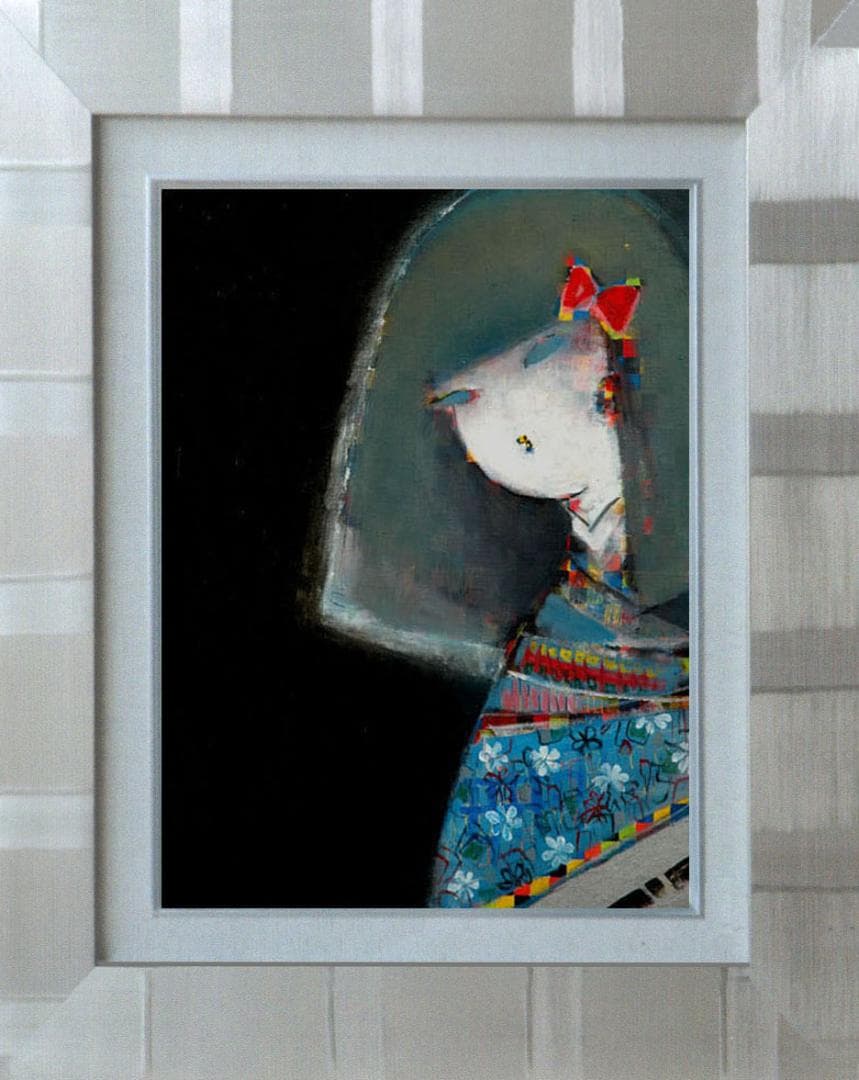 油絵 菅家令子 絵 絵画インテリア額付(黒) F6-083111 市松人形 少女