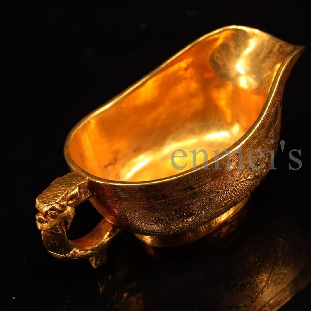 中国古美術・珍蔵純銅製・鎏金龍彫酒杯・細密彫・純手作り・文房具・賞