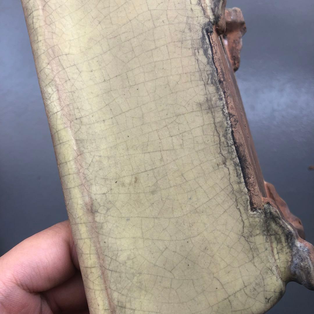 170.周寶山 黄釉雲足長方鉢 盆栽鉢 植木鉢 18*12.5*7.5cm