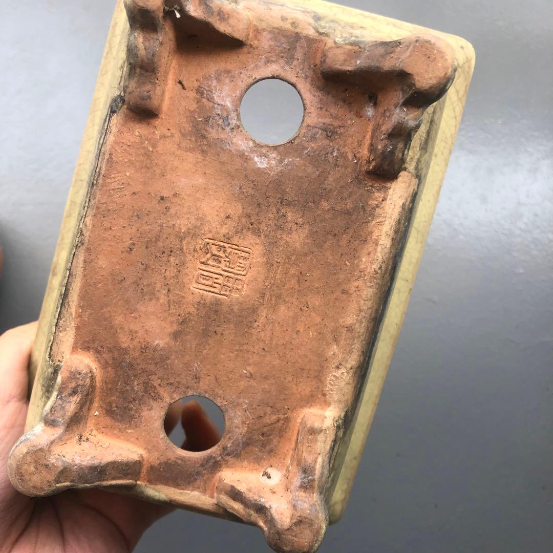 170.周寶山 黄釉雲足長方鉢 盆栽鉢 植木鉢 18*12.5*7.5cm