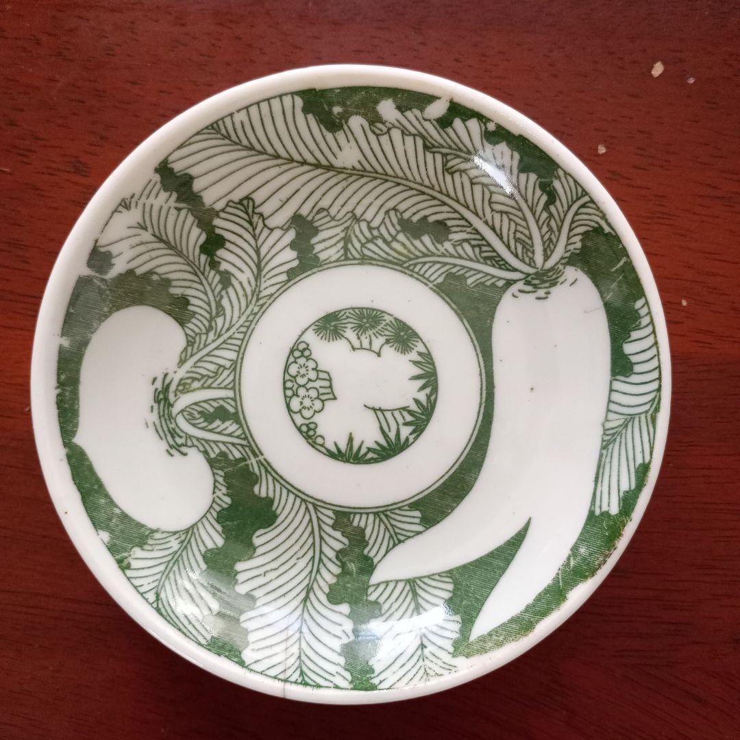 印判皿3枚セット 明治～大正 印判 小皿 大根と蕪 梅 桜 骨董 緑印判