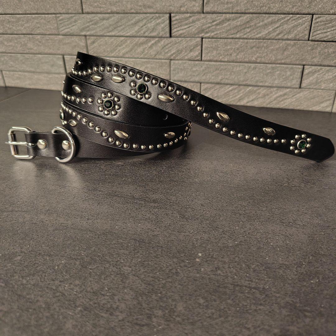 フラワー緑□本革レザーフルスタッズナローベルト☆アメカジ古着