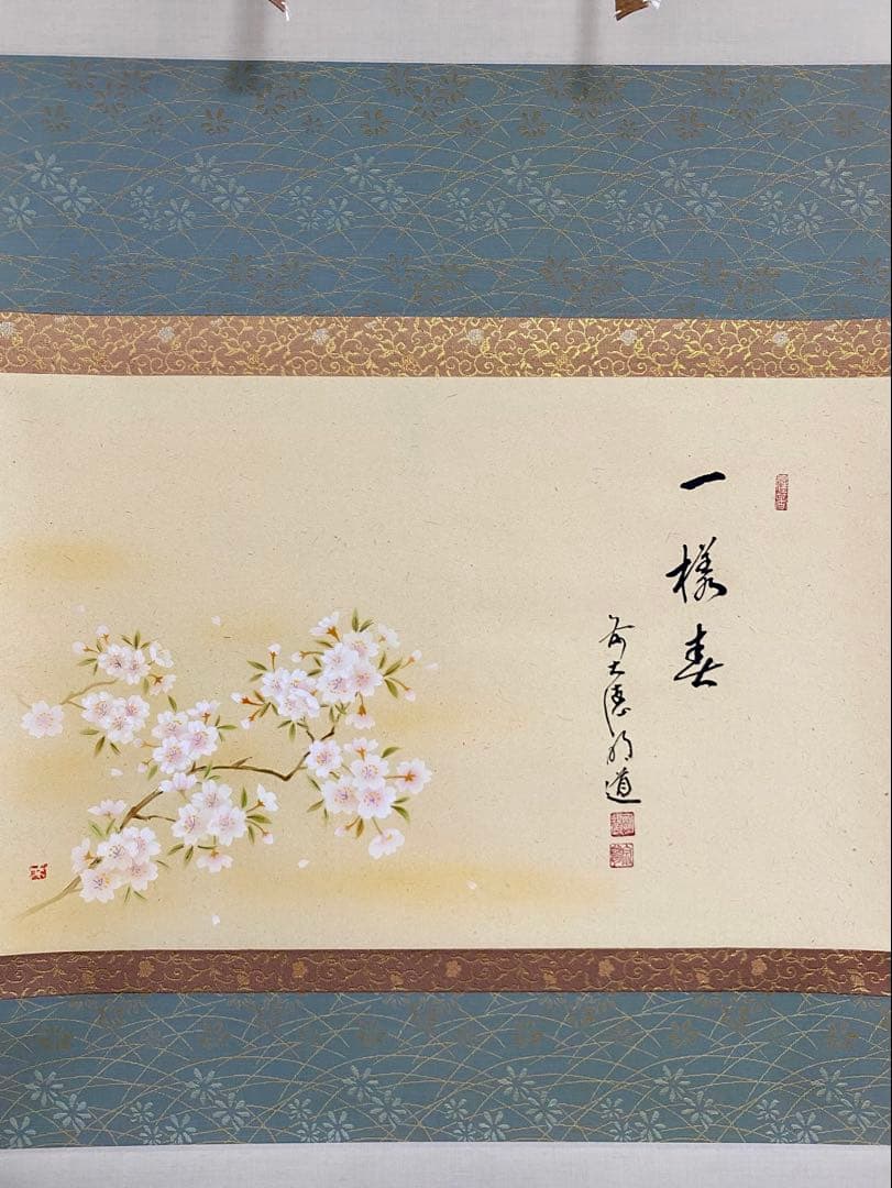 掛軸 茶掛 戸上明道【一様春】自筆 桜 画讃 玉瀧寺 大徳寺 住職 横物 軸装
