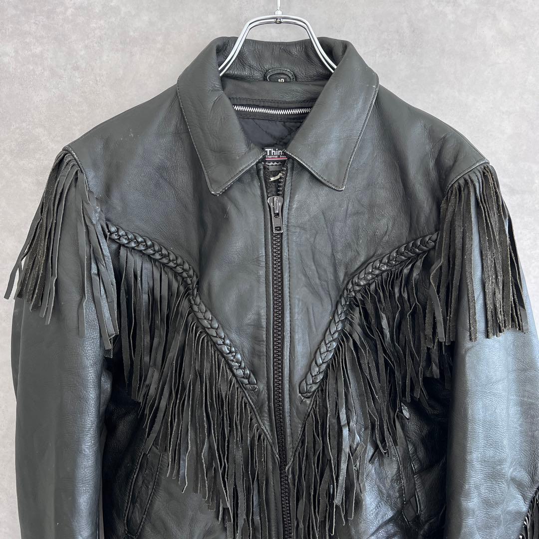 古着 本革フリンジライダースジャケット ヴィンテージ レザー ブラック