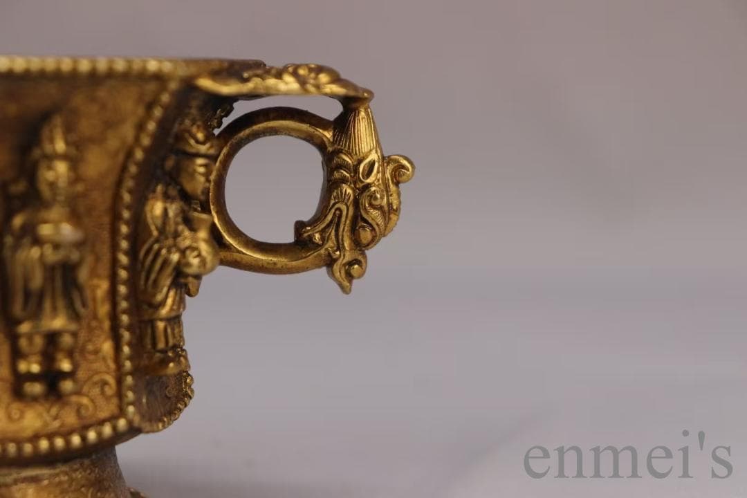 中国古美術 旧蔵 唐代 大唐貞觀款 鍍金銅酒杯 八仙紋 純手作り 精銅製
