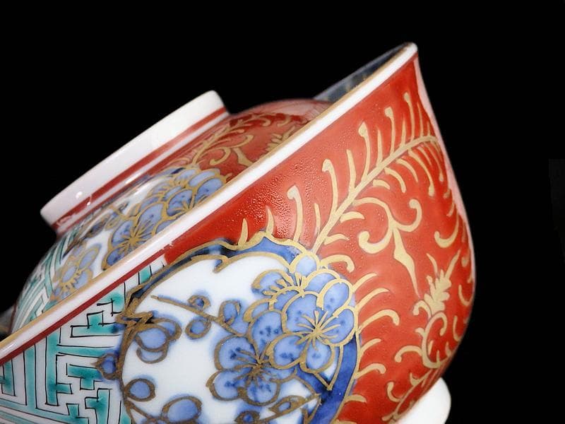 古伊万里 紗綾形紋に金唐草 丸紋に松竹梅の図 大振蓋茶碗 E807AS-CNy