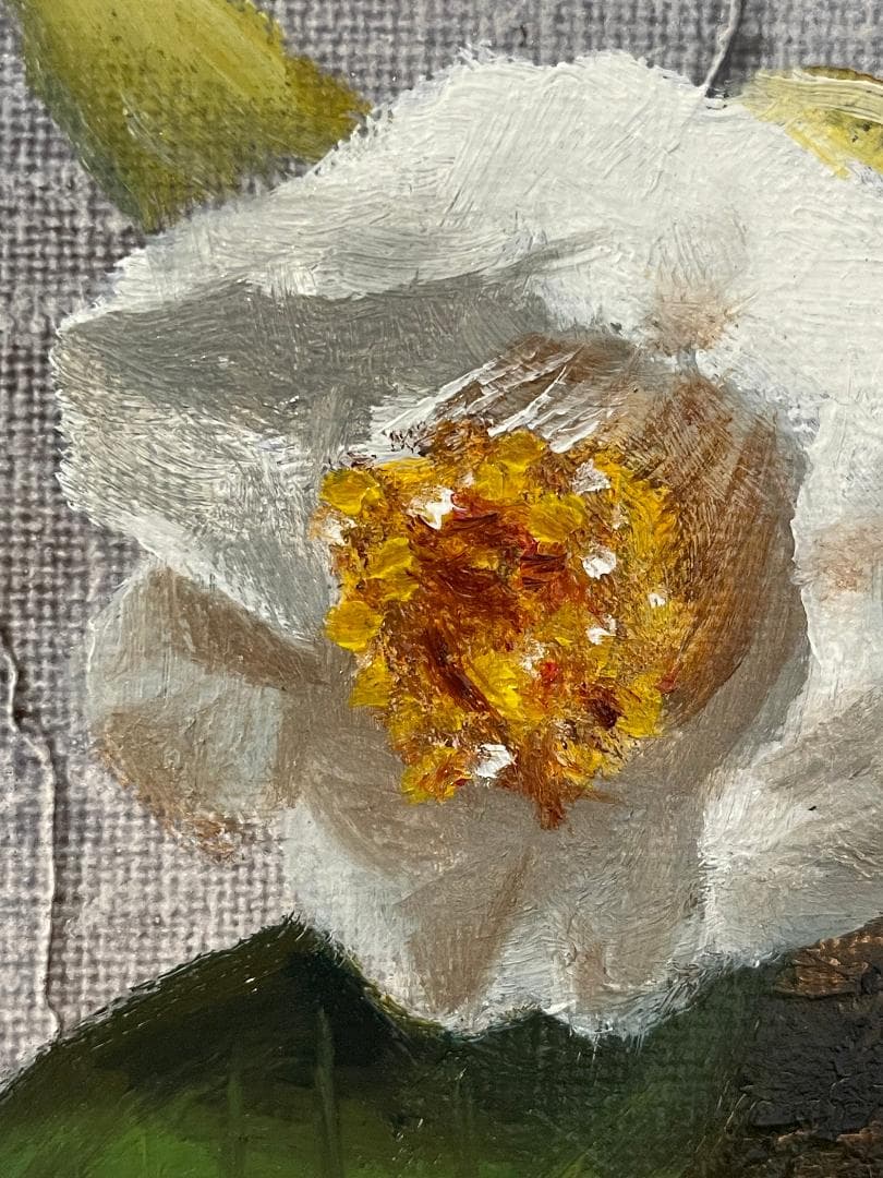 「真作」安田英明「椿」静物画　油彩画　額装　サイン有り　F4号