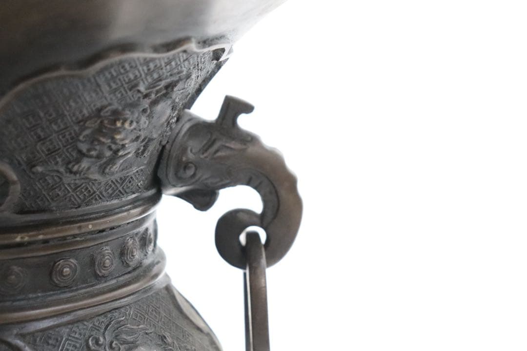 唐銅　大日本文政年整珉鋳　象耳獅子彫　花器　4.4kg 送料込み0131