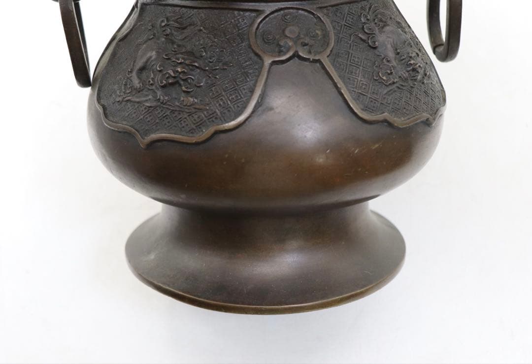 唐銅　大日本文政年整珉鋳　象耳獅子彫　花器　4.4kg 送料込み0131