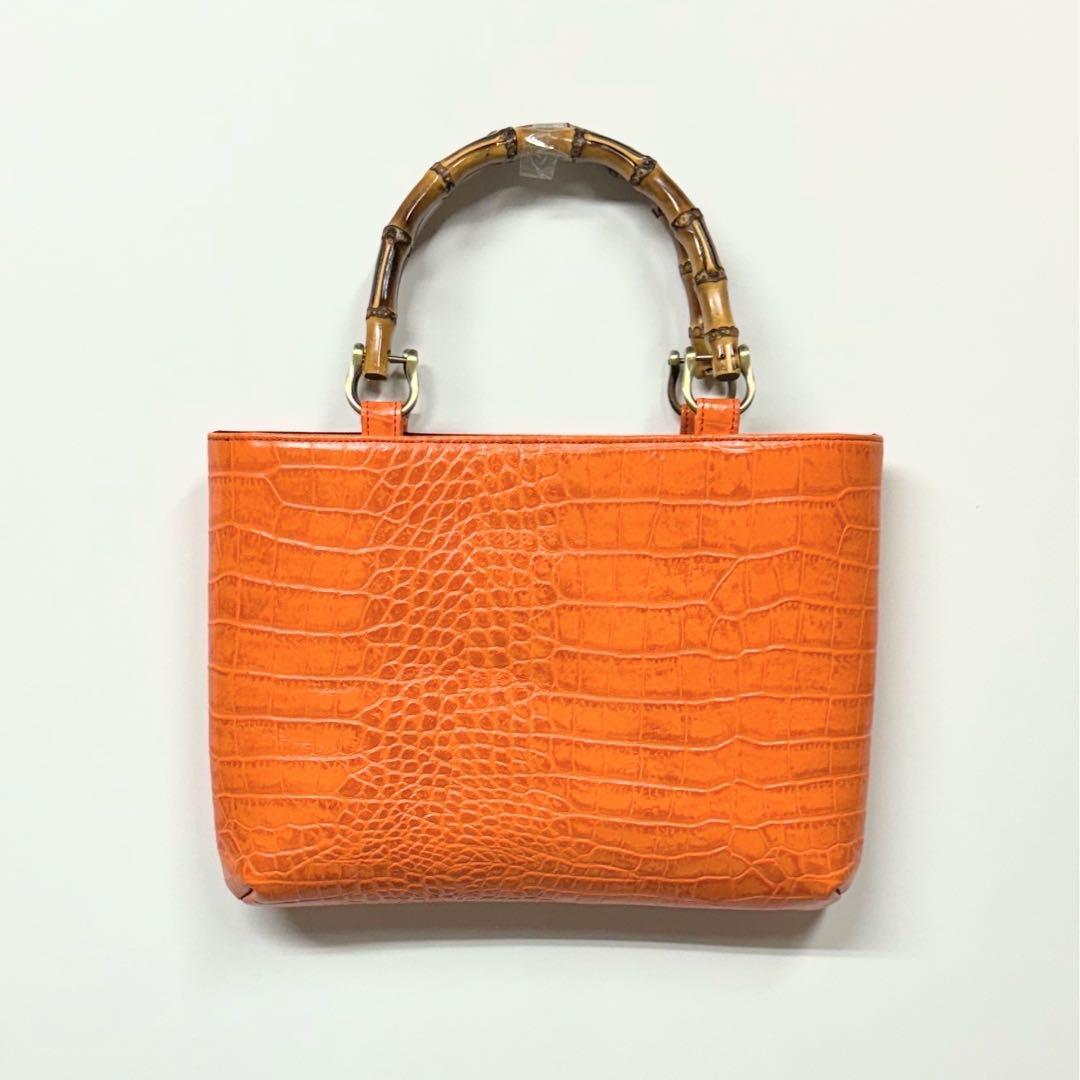 牛革クロコ型押し バンブー手提げ 横型 オレンジ ◇ 竹手バッグ神輿