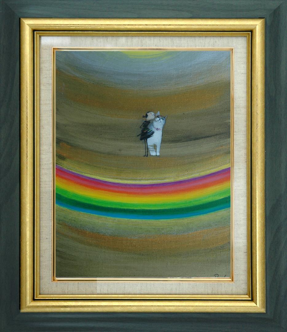 油絵 菅家令子 絵 絵画インテリア額付(銀) F3-030919 子猫子犬女の子