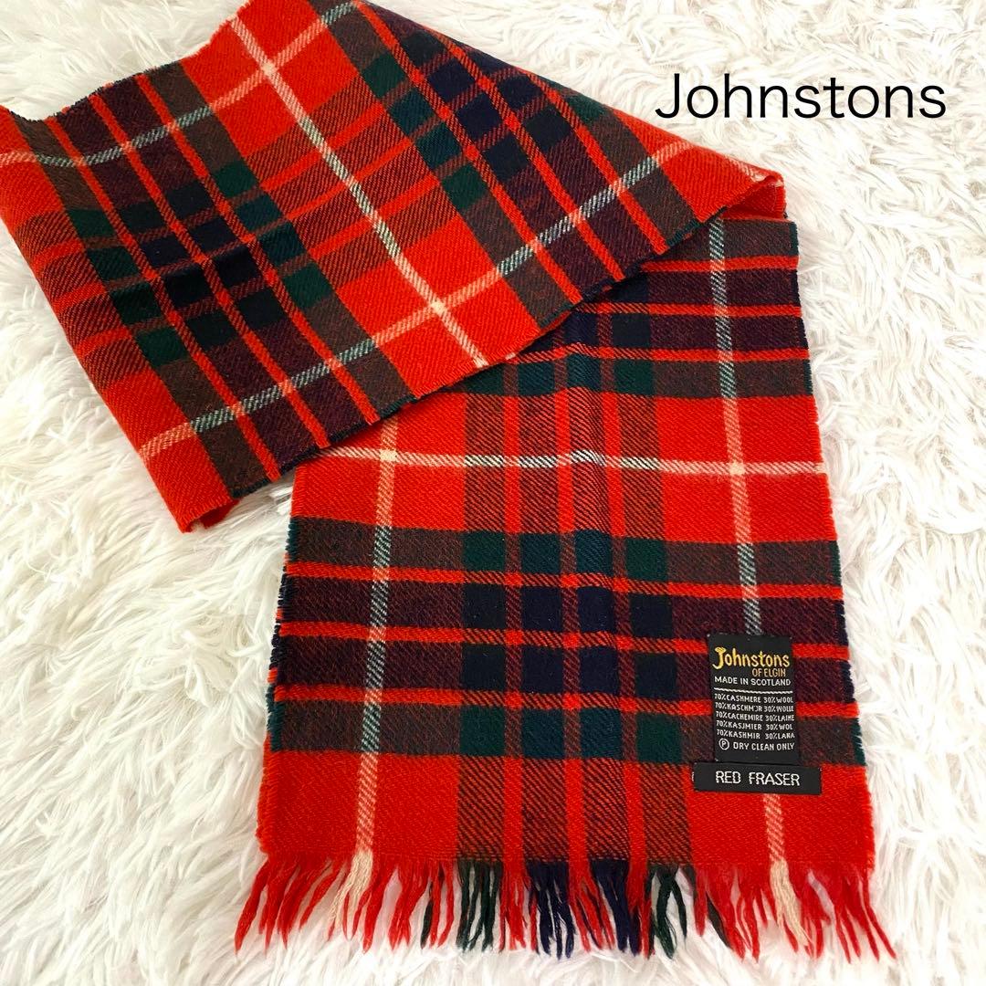 Johnstons of ELGINカシミア混ウールマフラー レッドチェック - メルカリ