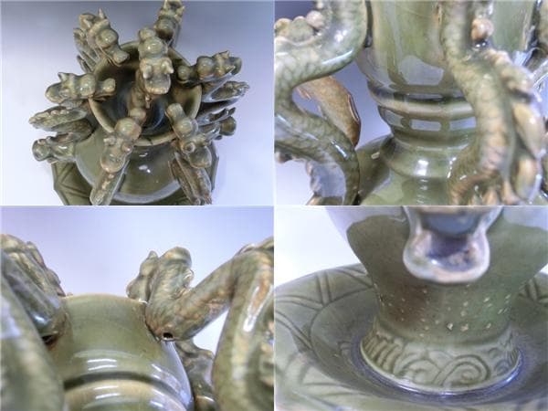 花瓶○龍尽くし 古い中国古美術 龍耳付き みごとな飾り 唐物 骨董品