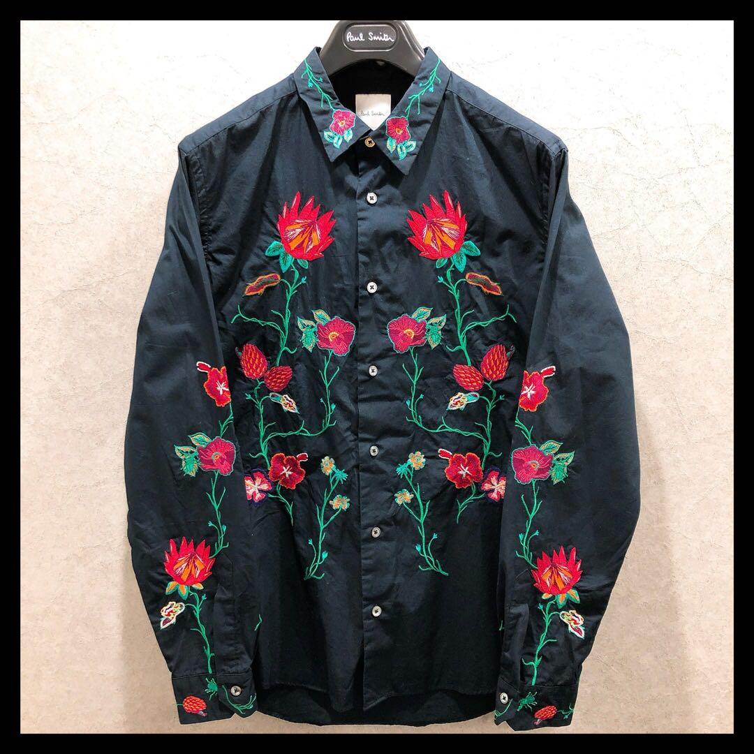 美品】ポールスミス 長袖シャツ Lサイズ 刺繍 花柄 ブラック系 - メルカリ