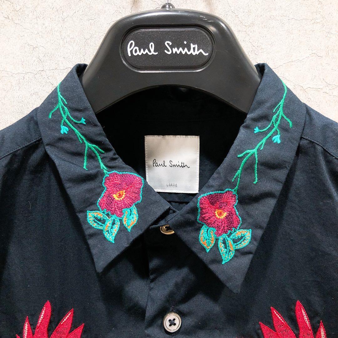 美品】ポールスミス 長袖シャツ Lサイズ 刺繍 花柄 ブラック系 - メルカリ