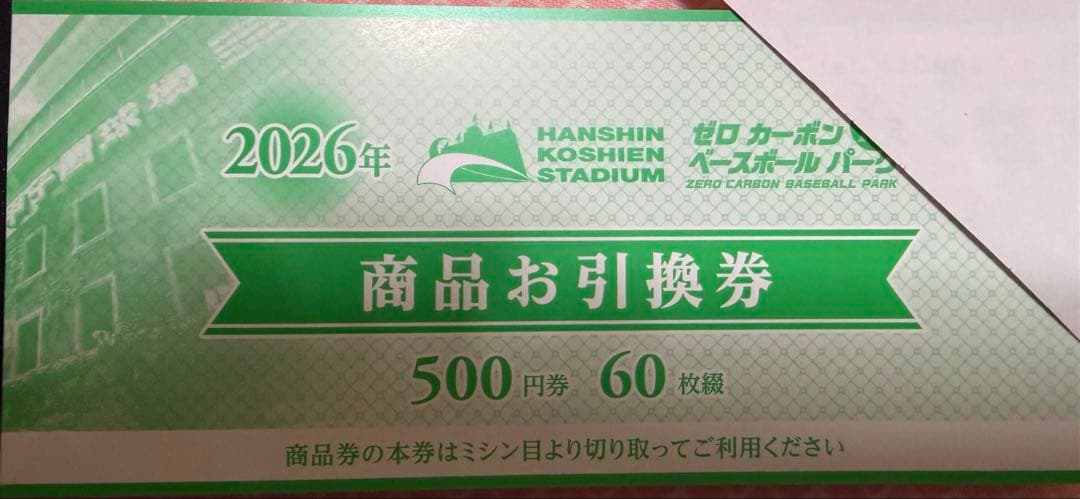 阪神甲子園球場 商品お引換券 30,000円分 1冊 (500円券×60枚) - メルカリ