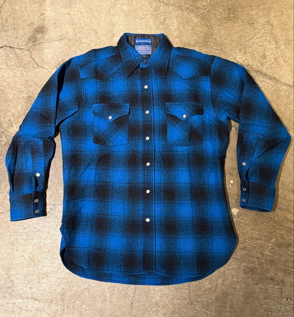 PENDLETON ウールシャツ オンブレ usa製　青黒 ウエスタン 70s USA製 PENDLETONペンドルトン オンブレ ウール ウエスタンシャツ