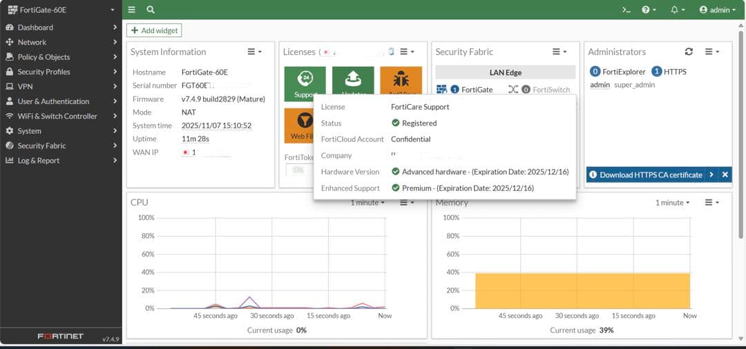 FORTINET FORTIGATE-60E(ライセンス有り) 【v7.4.9】 - メルカリ