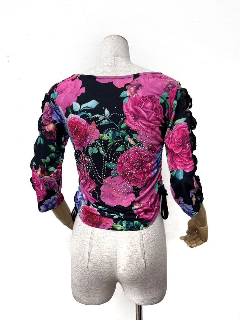 ラインストーン輝く】新品 ピンク系 花柄プリント社交ダンスカットソー