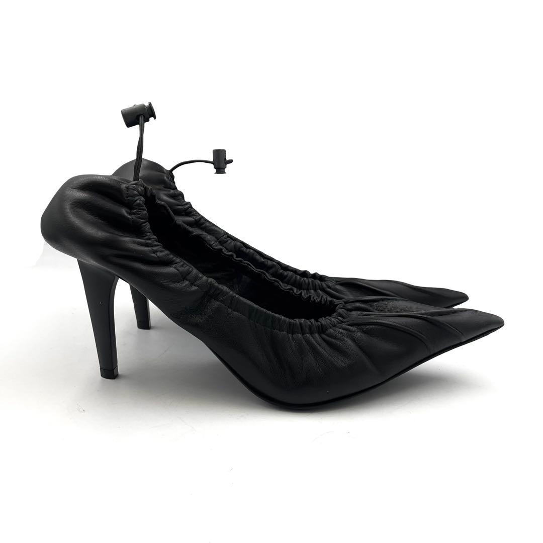 《未使用級》バレンシアガ ギャザーパンプス ドローコード 本革 レザー 黒 38