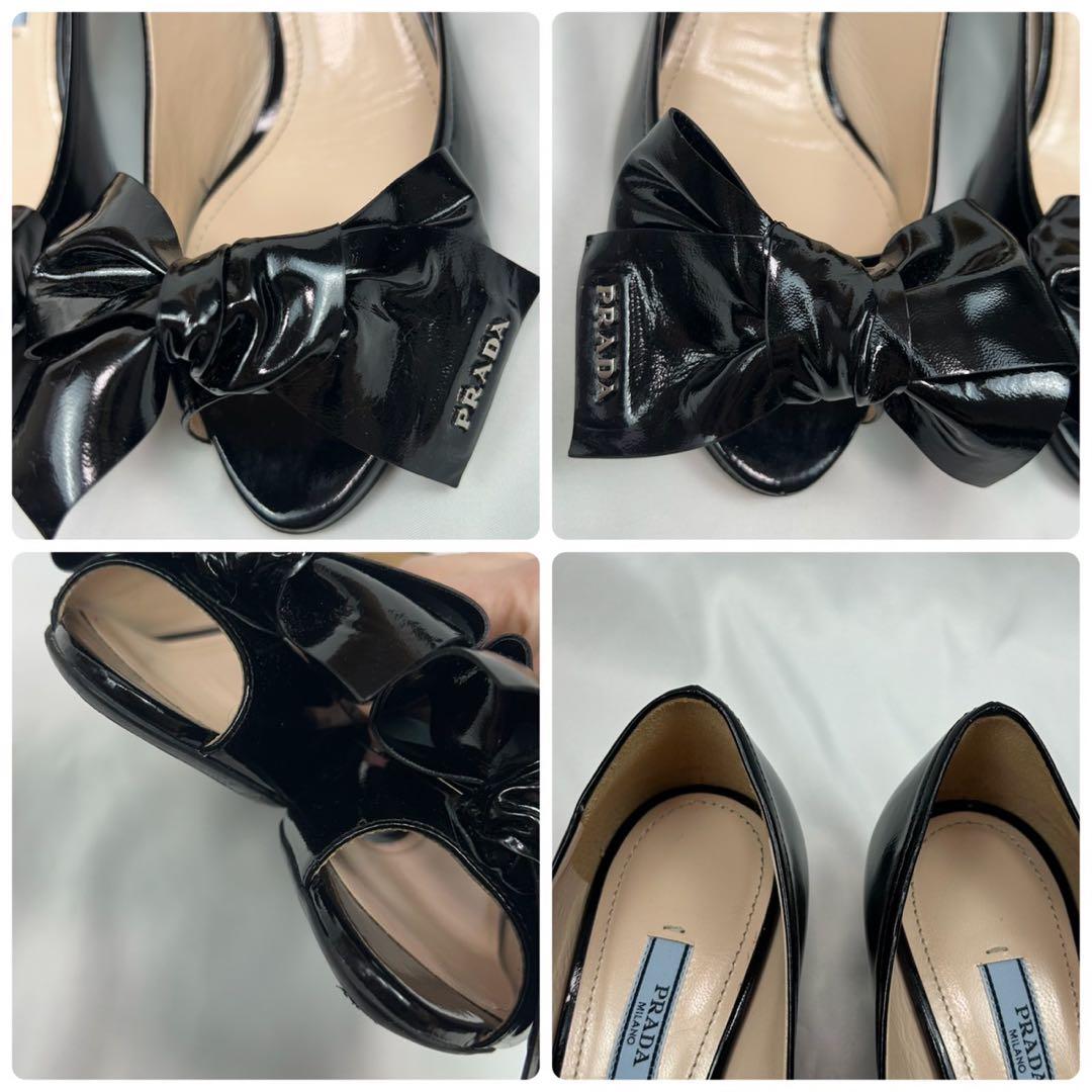 K784 美品 23.5cm プラダ ロゴ入り パンプス ブラック レディース