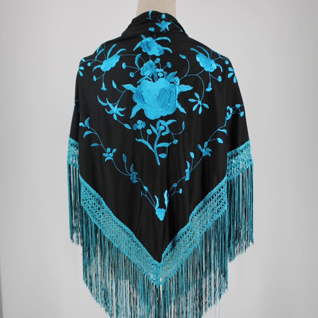 美品 フラメンコ衣装】ブラック×ブルー刺繍 シージョ マントン フレコ