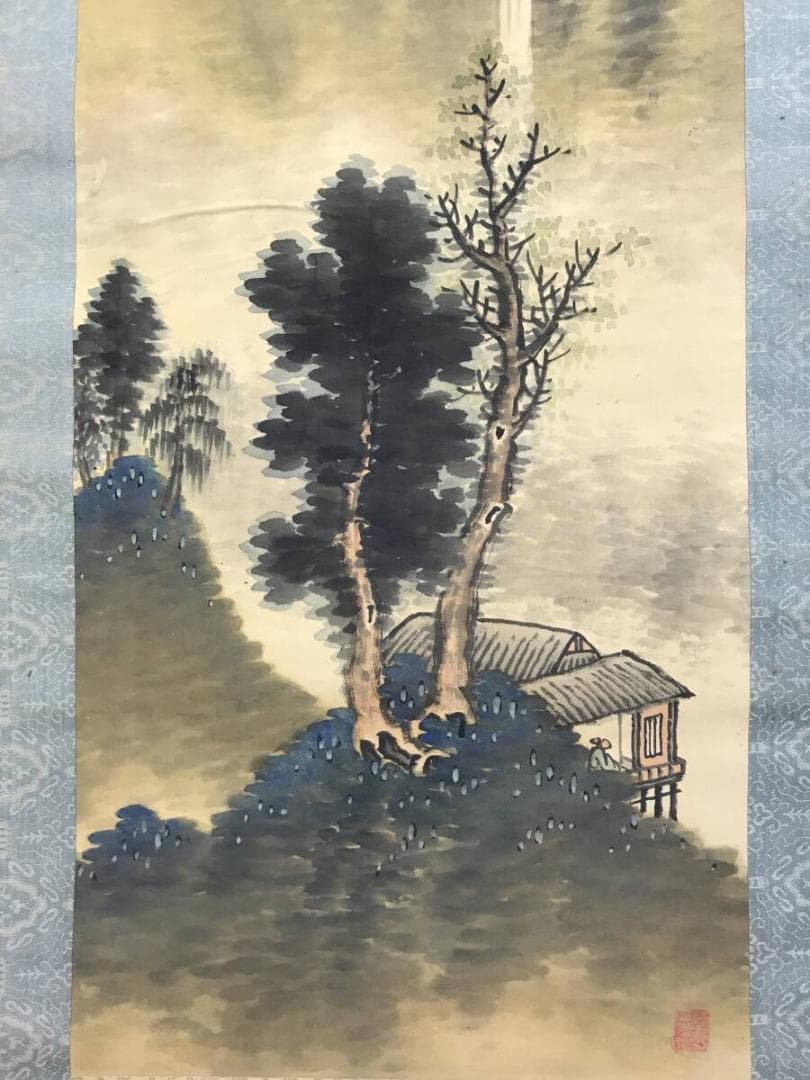 真作/武信籟山/滝山水画賛/青緑山水図/山水図/掛軸/名家伝来AH-583