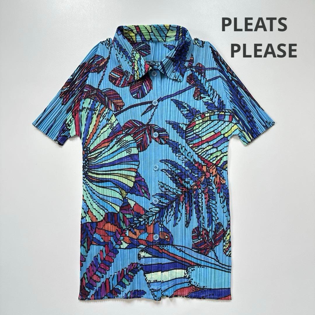 ▪️美品 プリーツプリーズ ボタニカル柄 半袖シャツ トップス 羽織り ▪️美品 プリーツプリーズ ボタニカル柄 半袖シャツ トップス 羽織り