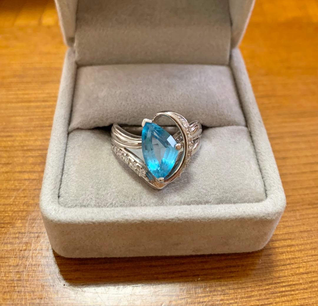 【鑑別書付】Pt900 大粒ブルートパーズ 2.81ct ダイヤモンド脇石リング