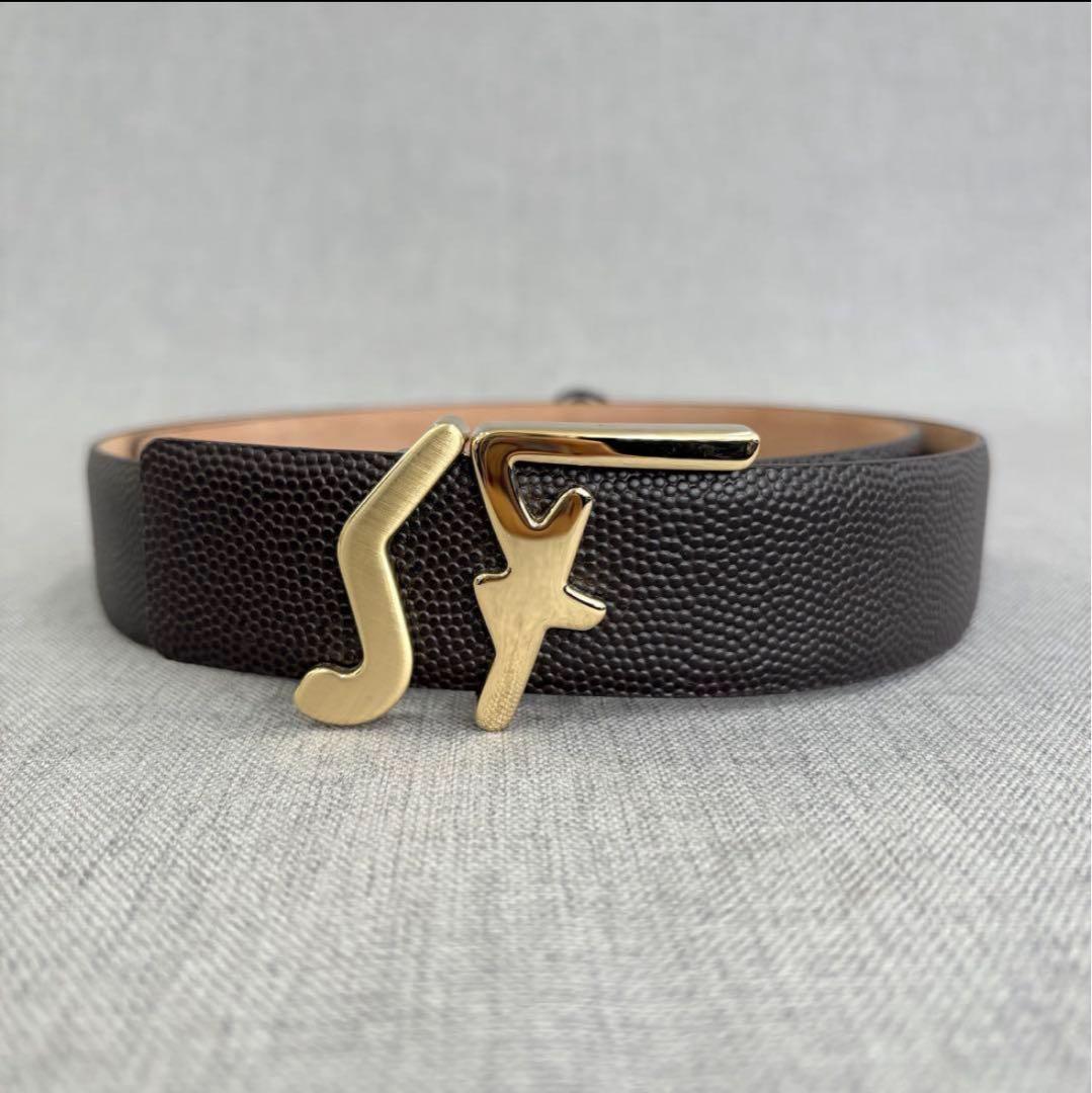 新品 Ferragamo メンズ ベルト ゴールド金具 ブラウン レザー 90
