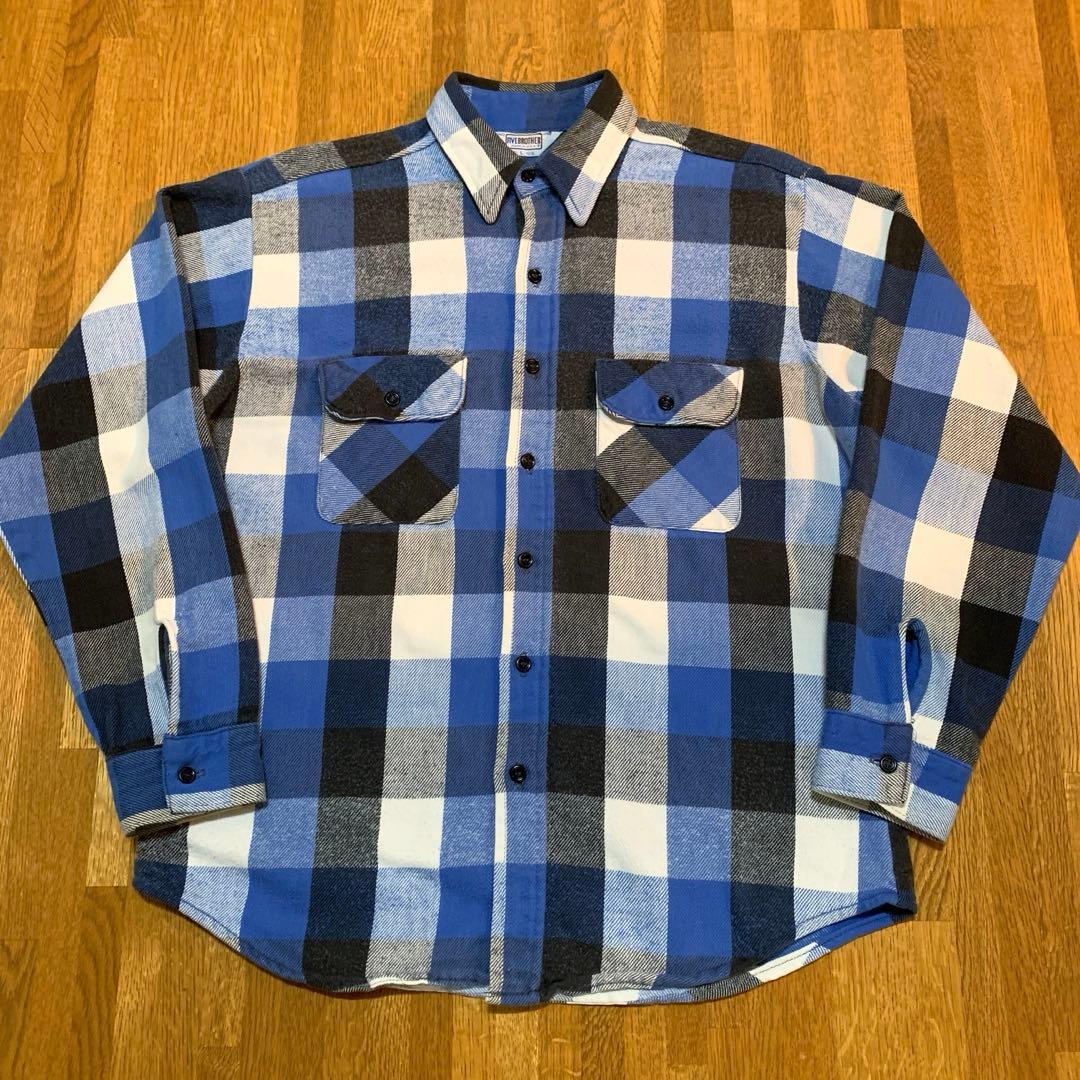 80s FIVE BROTHER チェック ネルシャツ ブラック ブルー 80s FIVE BROTHER ファイブブラザー ブロックチェック ネルシャツ 青黒