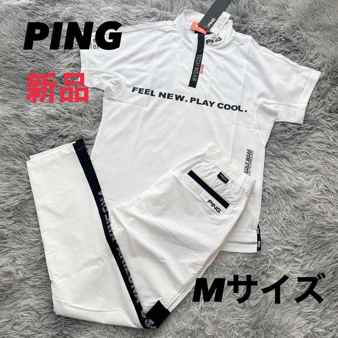 新品 PING ピン　セットアップ　半袖シャツ　ハーフジップ　パンツ　Mサイズ 韓国 セットアップ 半袖 トップス ハーフパンツ ハーフジップ