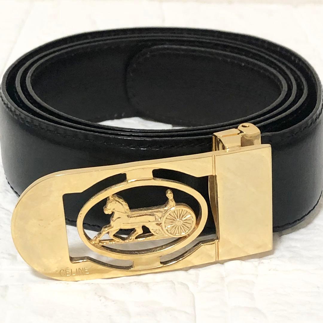 美品 CELINE セリーヌ ベルト 馬車金具 ゴールド ブラック - メルカリ