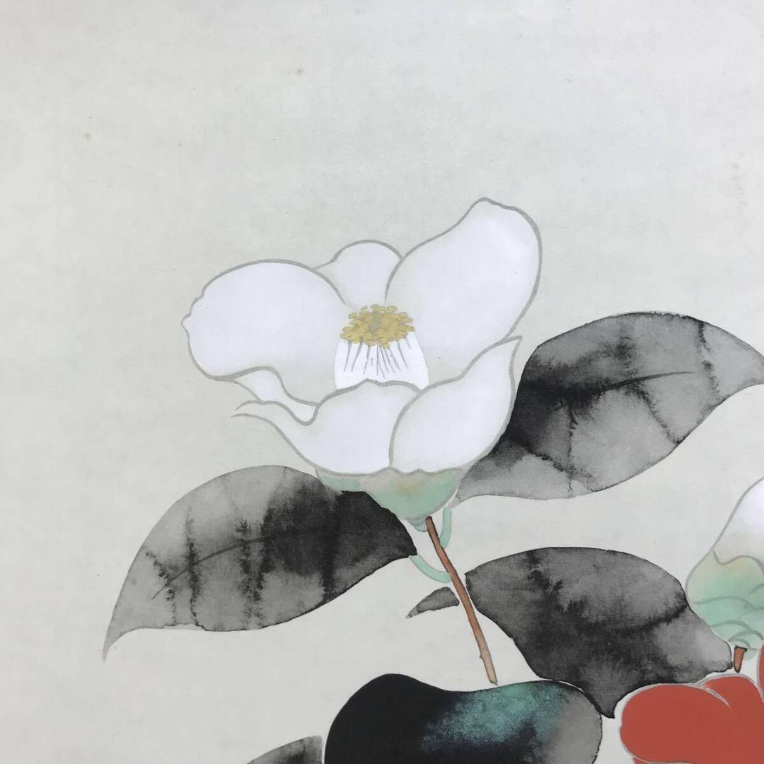 複製/安田靫彦/椿図/紅白椿/工芸品/横物/花図/冬/掛軸☆宝船☆AK-835