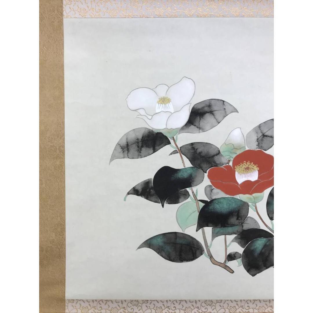 複製/安田靫彦/椿図/紅白椿/工芸品/横物/花図/冬/掛軸☆宝船☆AK-835