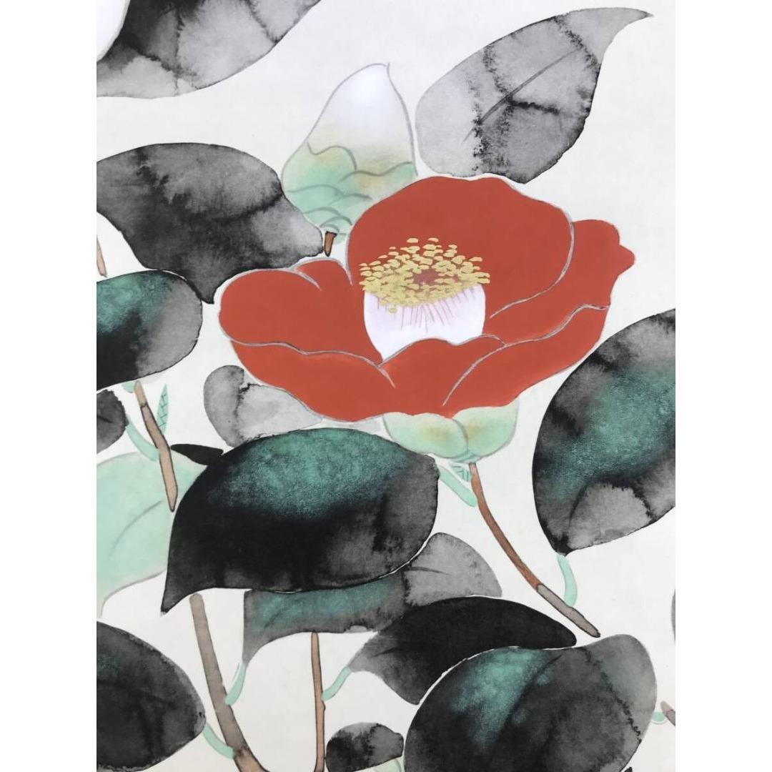 複製/安田靫彦/椿図/紅白椿/工芸品/横物/花図/冬/掛軸☆宝船☆AK-835