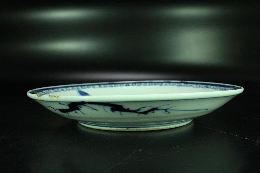 中国美術 青花 馬上武人紋 盤 φ21cm 古染付 清(K-RC962)