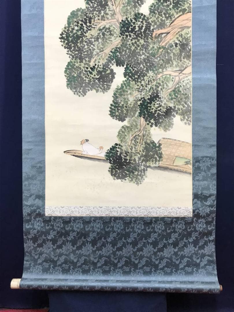 【真作】暁邨/滝春色図/山水図/人物図/掛軸/名家伝来/AC-522