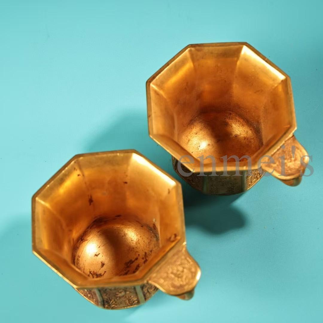 中国古美術・珍蔵純銅製・鎏金・錾花彫刻・八角彫刻酒杯セット・茶道具・