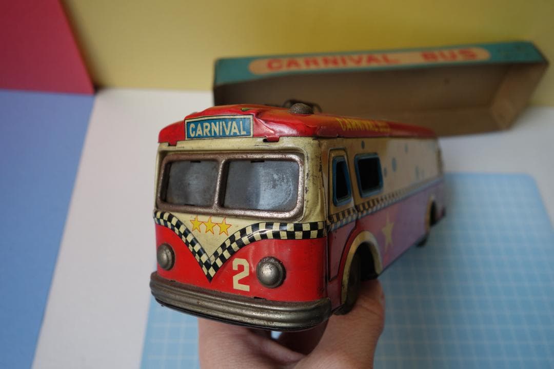 昭和レトロ　アオシン製　カーニバルバス　部品欠品　箱有　当時物　ブリキのおもちゃ
