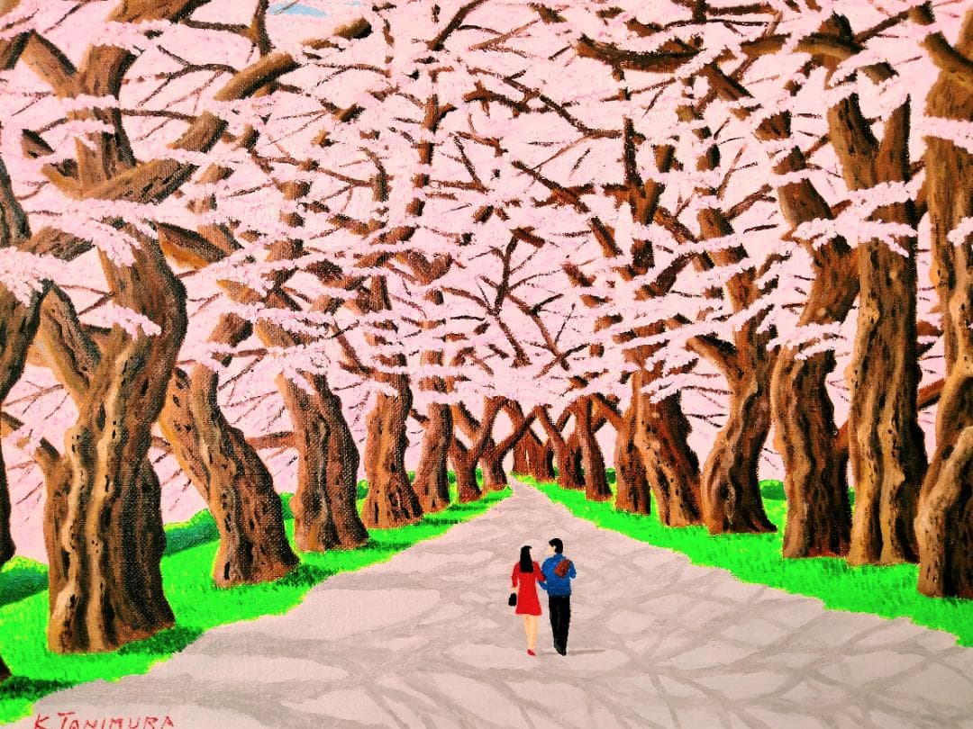 ★桜並木・肉筆油彩画・F6キャンバス
