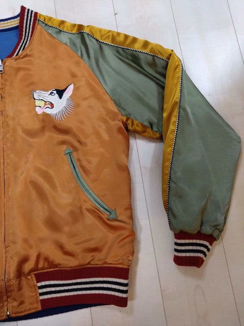 フェローズ匠 スカジャン【鬼ヶ島】サテン（オレンジ/グラス/ゴールド