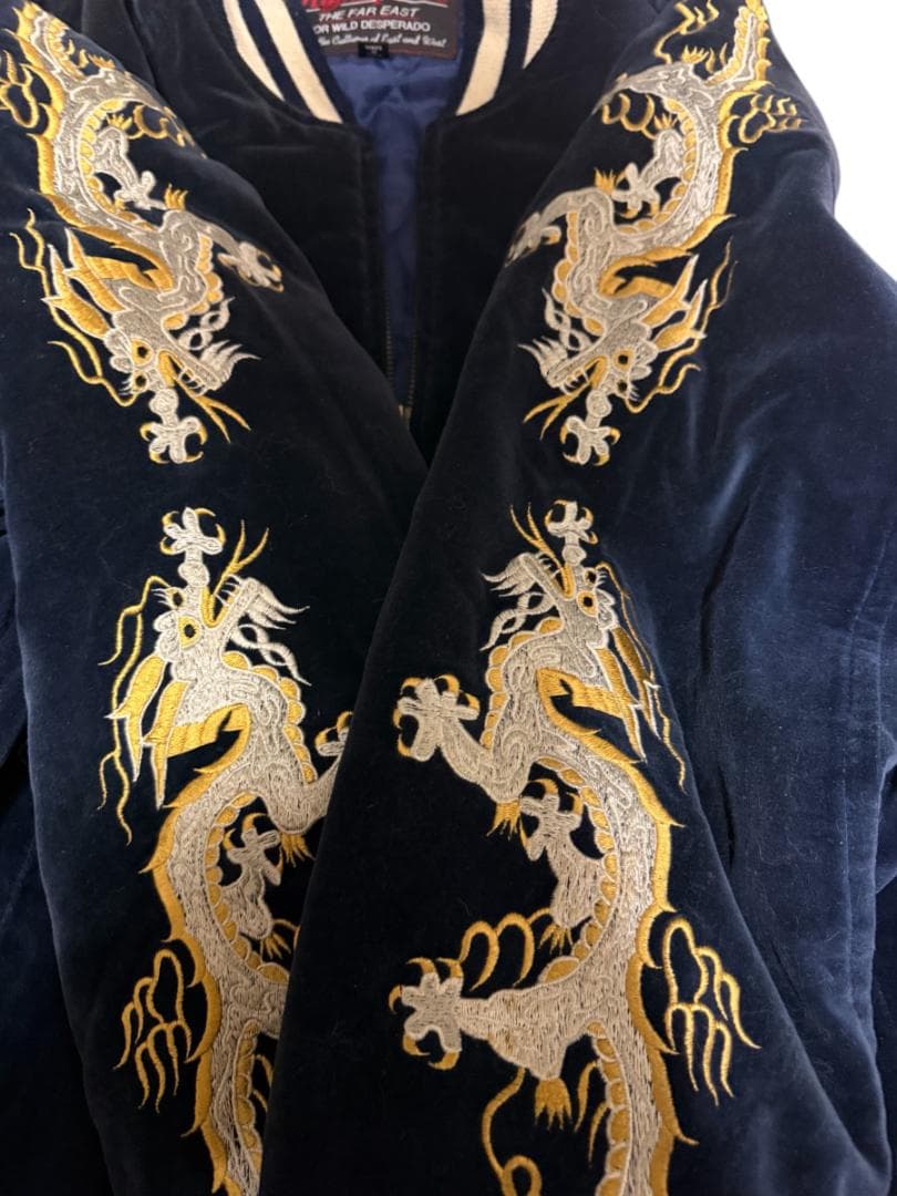 豪華刺繍】別珍 スカジャン L 龍 虎 脇龍 ネイビー 中綿キルティング