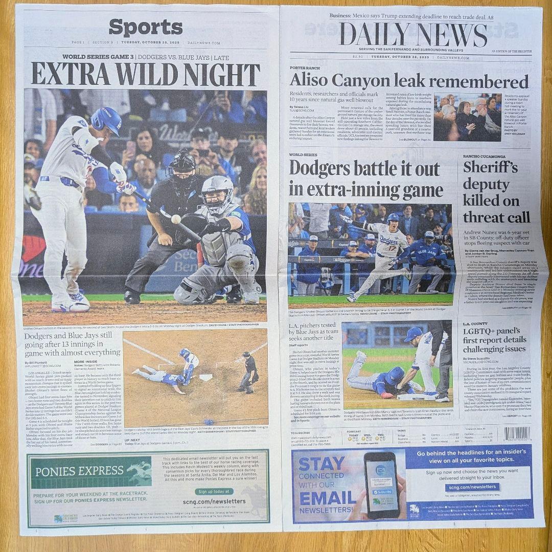 LA Daily News 2025年10月28日 大谷翔平 WS 第3戦 - メルカリ