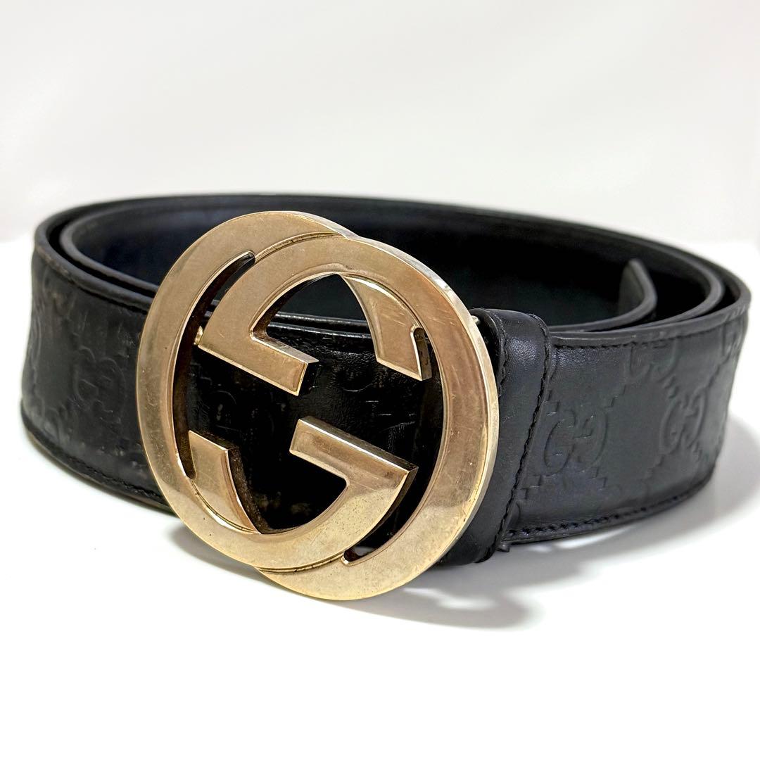 GUCCI インターロッキング シマレザーベルト GG柄 ゴールド金具 ブラック 美品 GUCCI グッチ インターロッキング レザーベルト メンズ 黒 金 GG