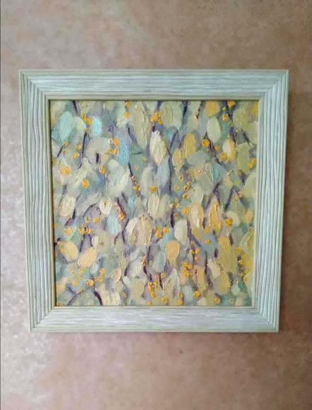 抽象油彩画 黄色と緑の葉 約25cm