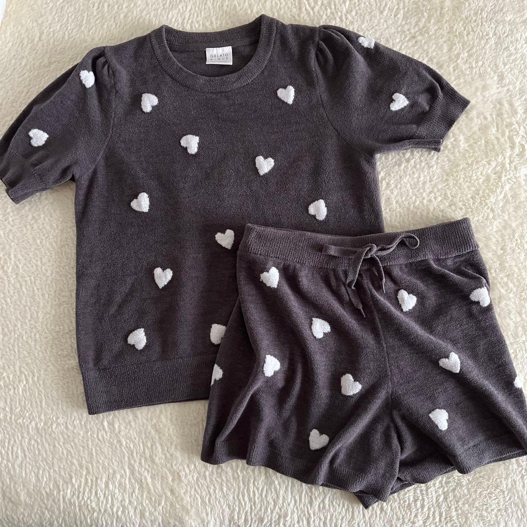 ジェラピケ　パジャマ　ルームウェア　グレー　ハート　半袖　半パン gelato pique（ジェラートピケ） パジャマ ルームウェア ハート柄