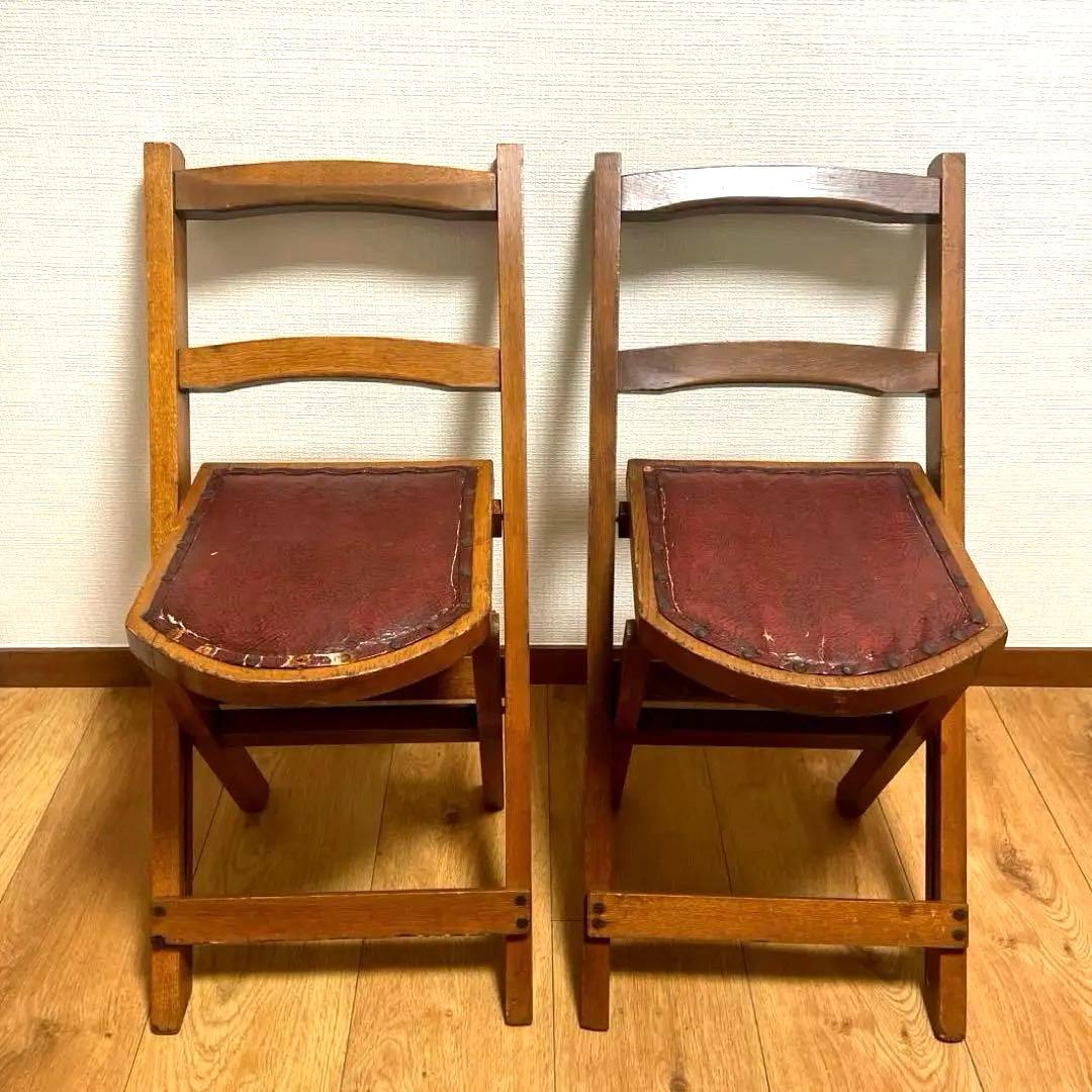 アンティーク　ヴィンテージ　椅子　2脚　折りたたみ　フォールディングチェア　飾棚 2脚セット 100年以上前! 1910s~ 1920s アンティーク ビンテージ ウッド