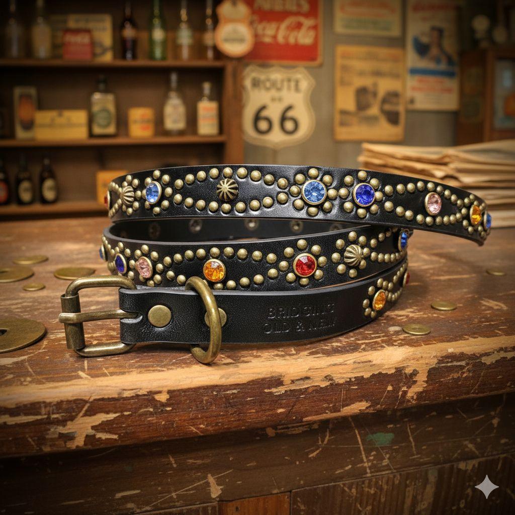 クロス虹■本革レザーフルスタッズナローベルト☆マルチアンティークゴールドブラス フルスタッズロングナローベルト | ezulakeworks